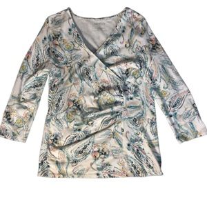 Talbots White & Teal Paisley Faux Wrap Top Size M